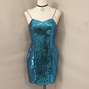 Aqua Blue Sequin Dress Sexy Vintage 90s Made in USA Short Mini Showgirl Dancer